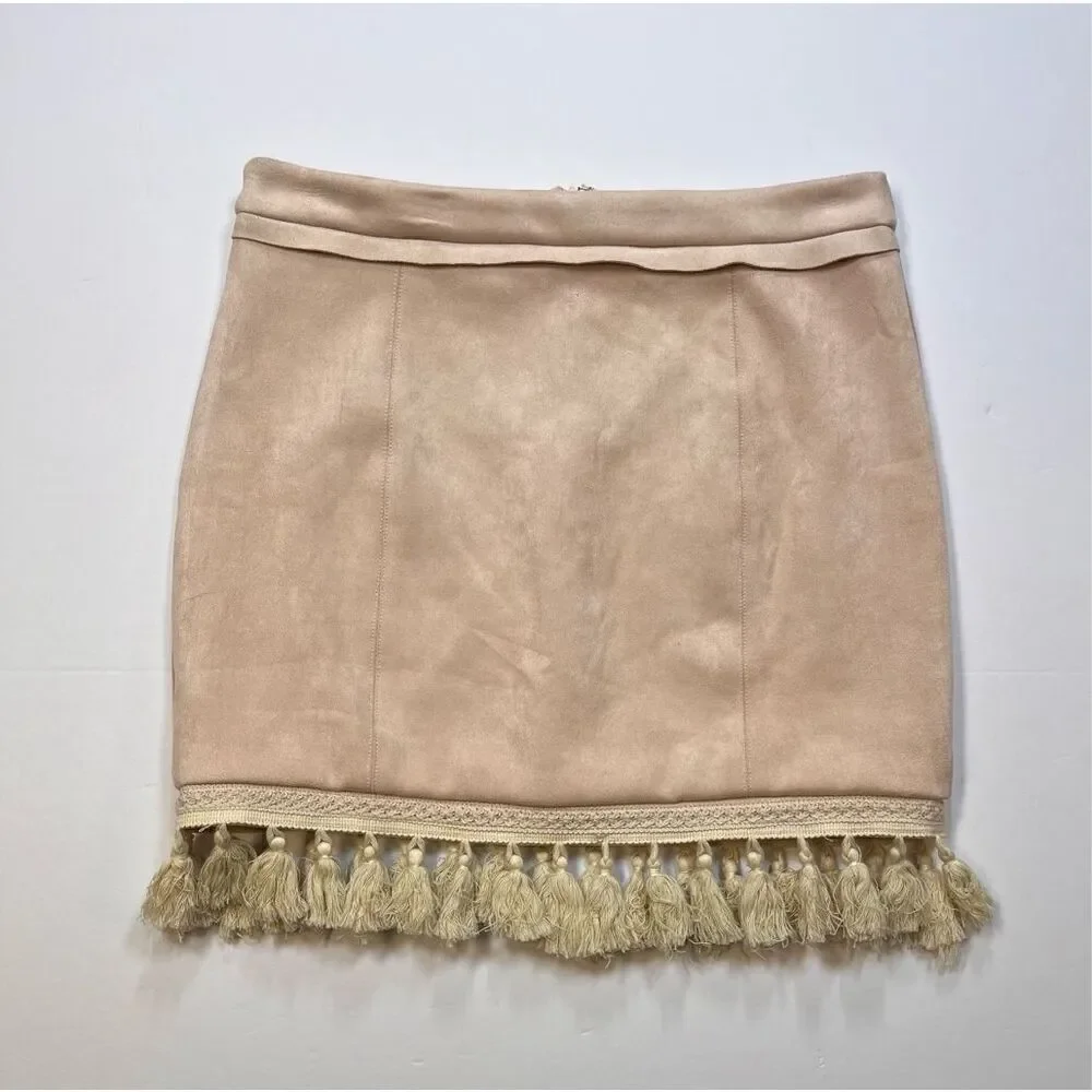 Showpo Dream Life Faux Suede Tassel Mini Skirt Beige Size AUS 12 USA Size 8